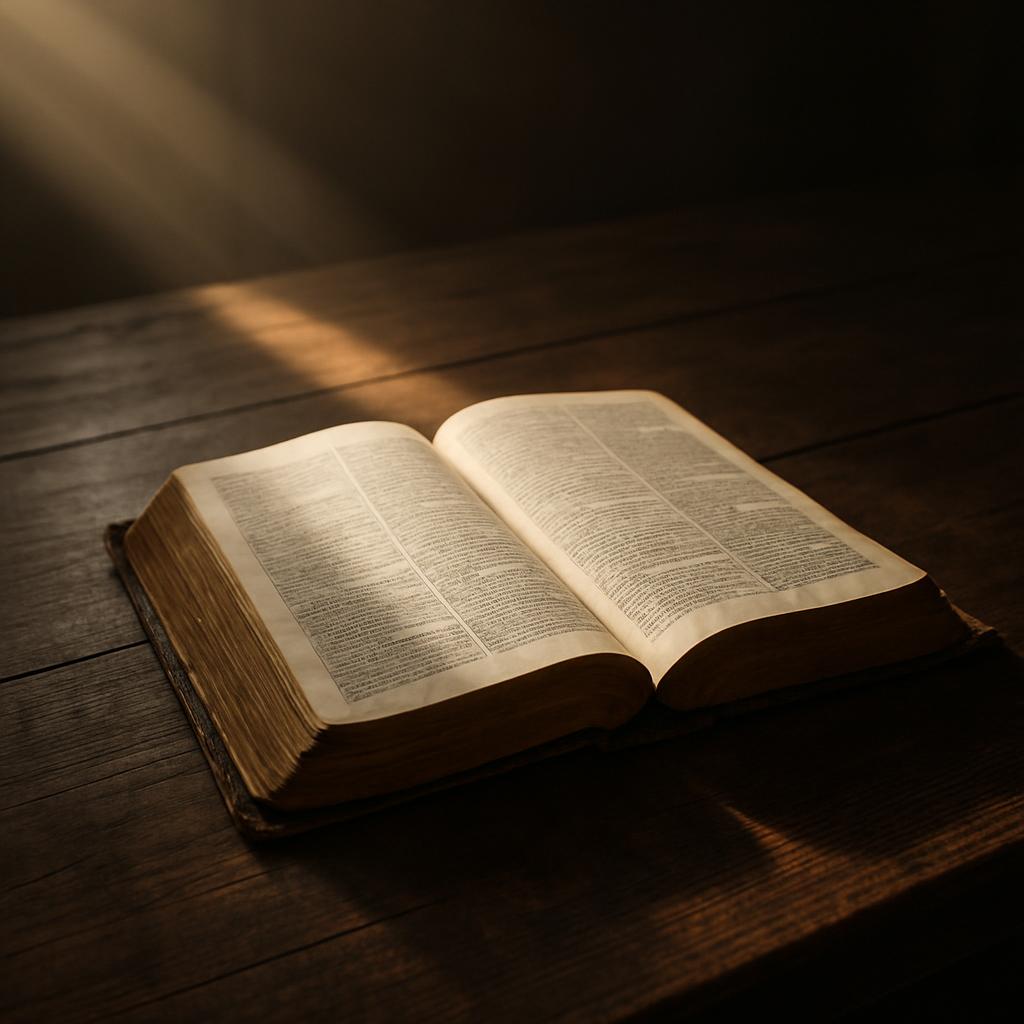 An open book with a sepia-toned color, placed on a wooden surface, illuminated by a beam of light.