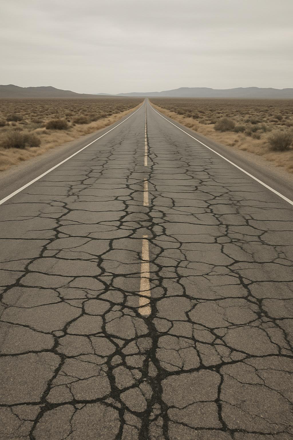 A long stretch of cracked asphalt road with white painted separation lines surrounded by desert landscape.