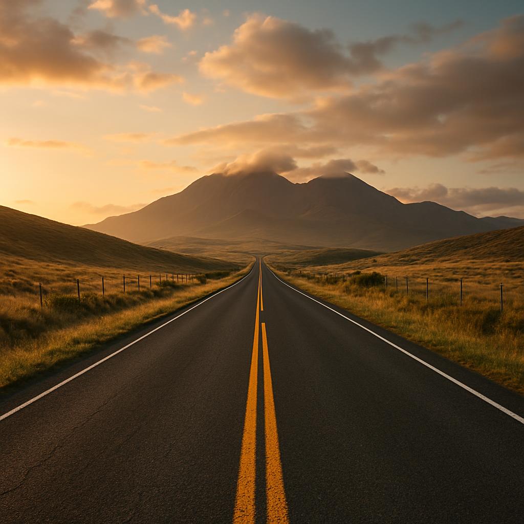 An open, straight road through dry grass, leading to distant mountains under a cloudy sky.